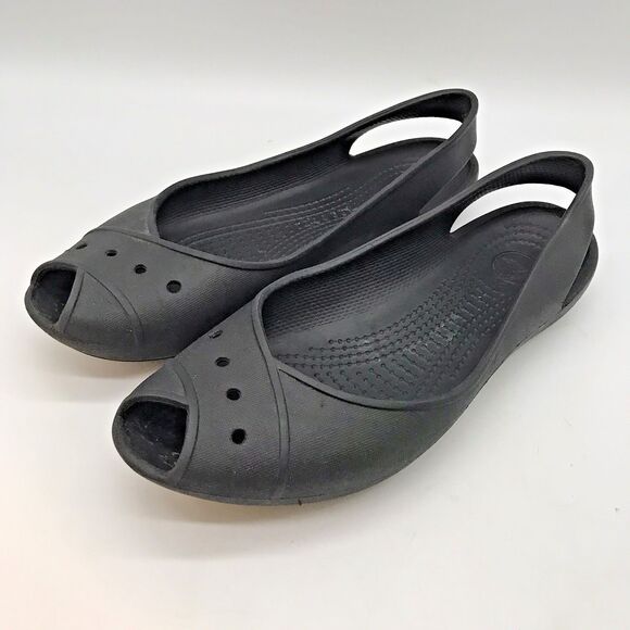 Crocs Farrah Peep Toe Slingback Ballet Flat Women's 8 Black Slip On Comfort Shoe - Picture 1 of 10